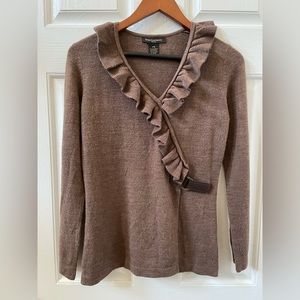 Susan Lawrence Brown Taupe V-Neck Sweater Ruffle Belted Size PM